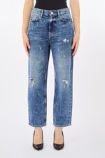 Jeans Liu Jo denim vita alta modello cropped con taglia e inserti gioiello sparsi