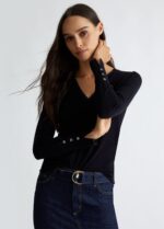 Maglia Liu Jo in misto viscosa, interventi in lurex, scollo a V, polsi con spacchetto e bottoni decorativi, - immagine 2