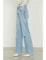 Pantalone jeans donna Relish vita alta impreziosita da pietre e perle gamba svasata con rotture (Nuova Collezi - immagine 2
