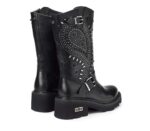 Scarpe stivali biker Cult pelle liscia nera punta tonda impreziosito da strass e borchie suola in gomma (Nu - immagine 3
