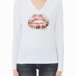 T-shirt Liu jo manica lunga fondo nero stampa carte con strass