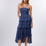 Abito Liu Jo in denim chambray taglio bustier balze asimmetriche